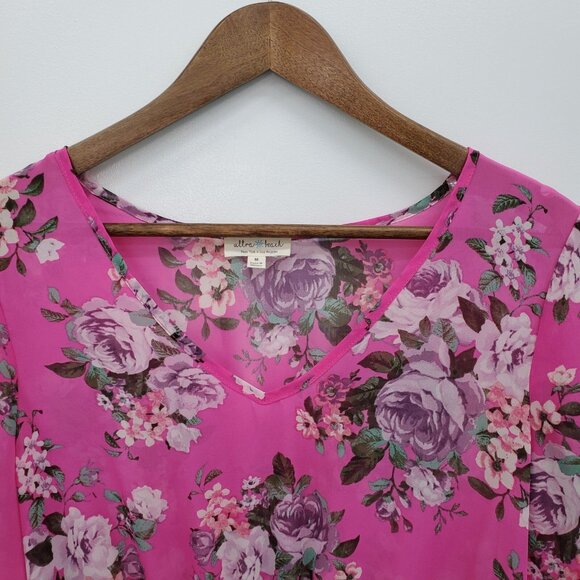 NWT Womens Floral Swimsuit Coverup Sz M Pink Sheer Cinched Waist V-Neck Beach‎ - Picture 11 of 16